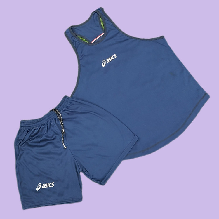 رکابی و شلوارک بدنسازی مردانه مدل asics سورمه ای