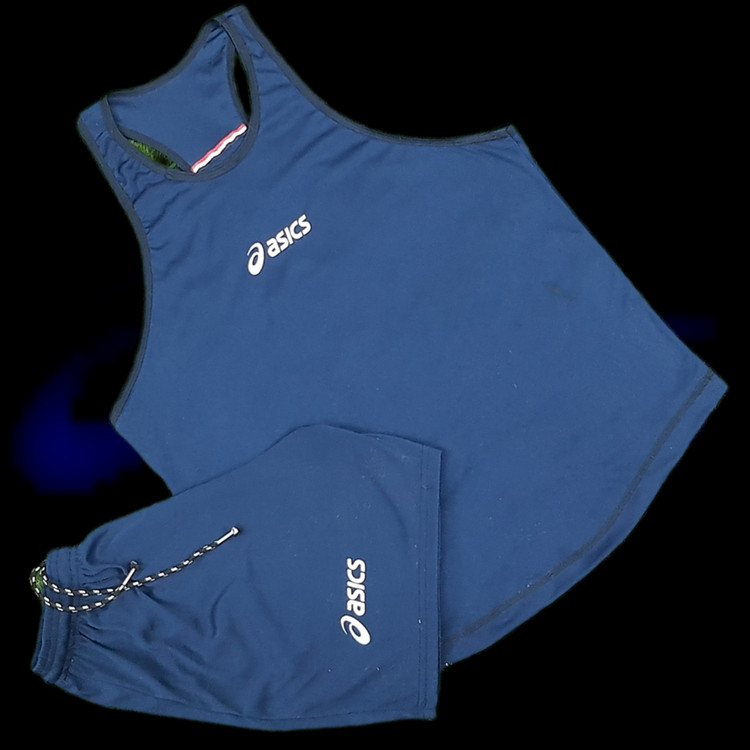 رکابی و شلوارک بدنسازی مردانه مدل asics سورمه ای